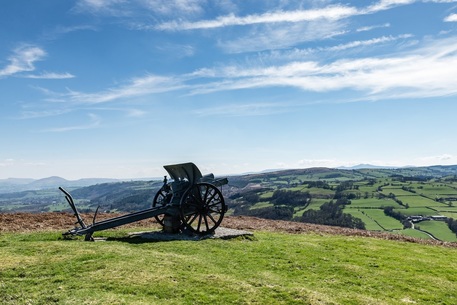 German field gun on Twyn y Garth looking towards the Brecon Beacons